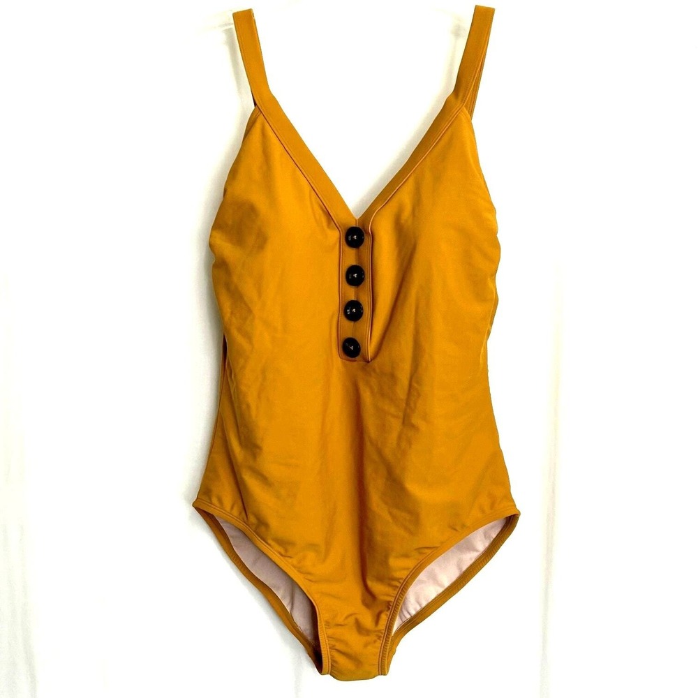 Kona Sol Button‎ Front One Piece Swimsuit Caramel Yellow Women's Size L
